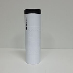 2015 Starbucks Embossed Troy Fair Isle Tumbler, White With Black Lid, 16 Oz